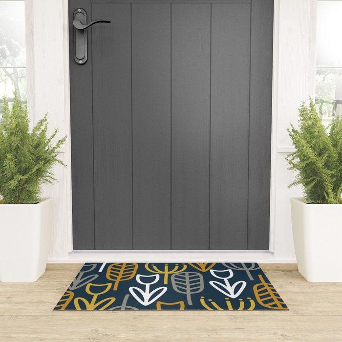 Cheerful Garden Minimalist Pattern in Light Mustard, Dark Mustard, White, Gray, and Navy Blue Welcome Mat Gallery Image 3