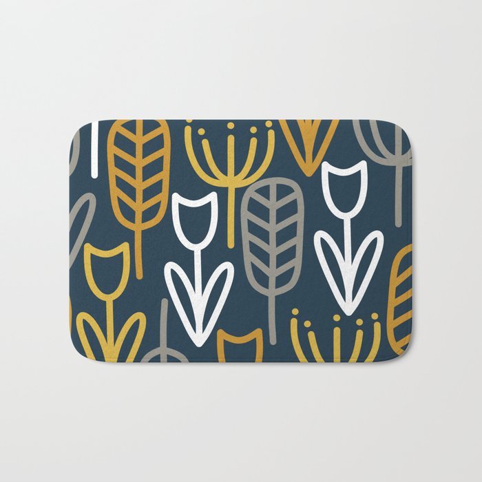 Cheerful Garden Minimalist Pattern in Light Mustard, Dark Mustard, White, Gray, and Navy Blue Bath Mat Gallery Image 1