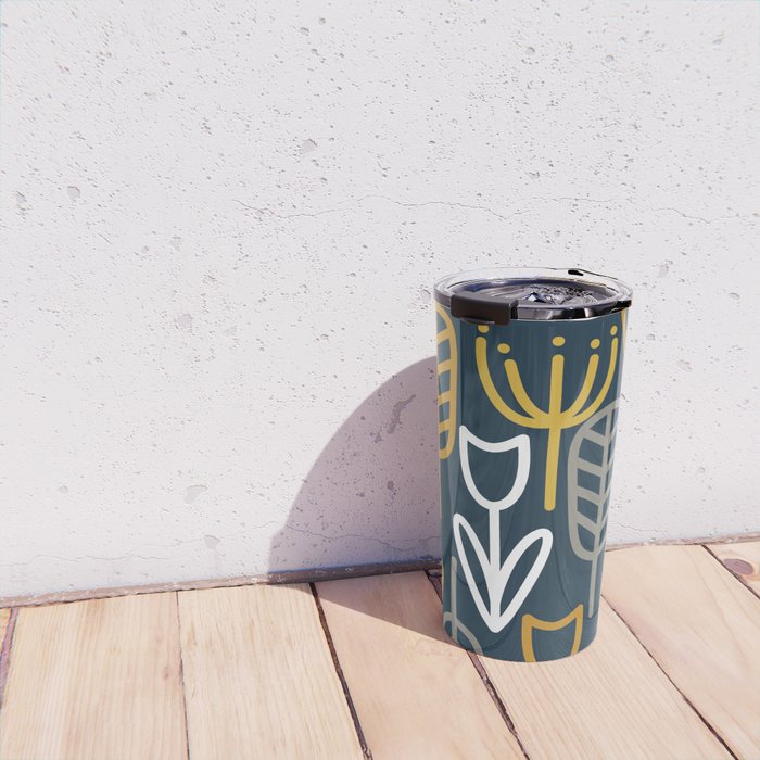 Cheerful Garden Minimalist Pattern in Light Mustard, Dark Mustard, White, Gray, and Navy Blue Travel Mug Gallery Image 4