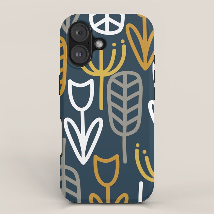 Cheerful Garden Minimalist Pattern in Light Mustard, Dark Mustard, White, Gray, and Navy Blue iPhone Case Gallery Image 1
