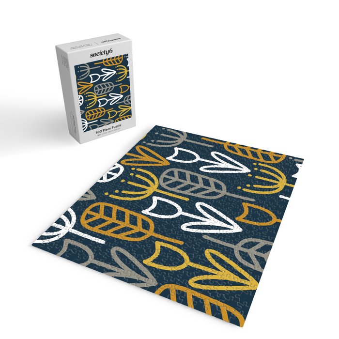 Cheerful Garden Minimalist Pattern in Light Mustard, Dark Mustard, White, Gray, and Navy Blue Jigsaw Puzzle Gallery Image 2