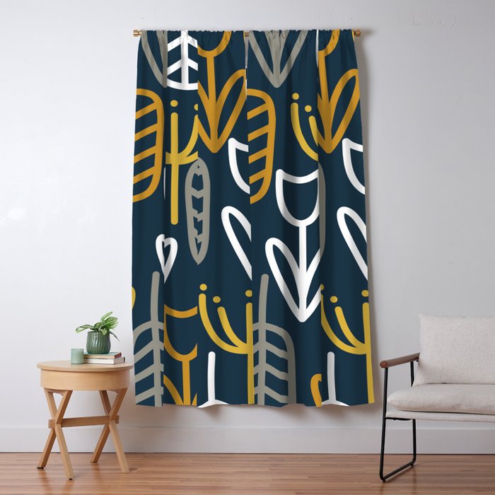 Cheerful Garden Minimalist Pattern in Light Mustard, Dark Mustard, White, Gray, and Navy Blue Window Curtain Gallery Image 1