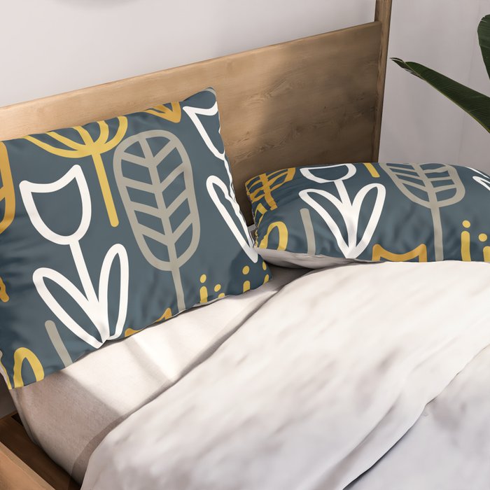 Cheerful Garden Minimalist Pattern in Light Mustard, Dark Mustard, White, Gray, and Navy Blue Pillow Sham Gallery Image 2