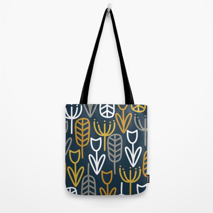 Cheerful Garden Minimalist Pattern in Light Mustard, Dark Mustard, White, Gray, and Navy Blue Tote Bag Gallery Image 2