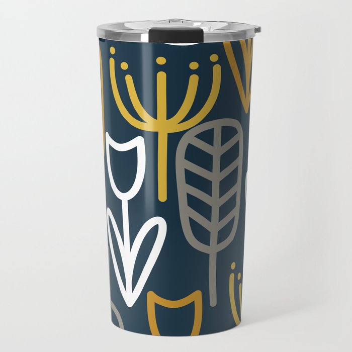 Cheerful Garden Minimalist Pattern in Light Mustard, Dark Mustard, White, Gray, and Navy Blue Travel Mug Gallery Image 1