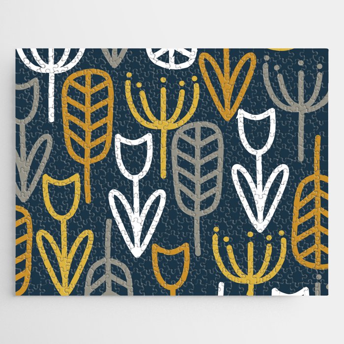 Cheerful Garden Minimalist Pattern in Light Mustard, Dark Mustard, White, Gray, and Navy Blue Jigsaw Puzzle Gallery Image 1