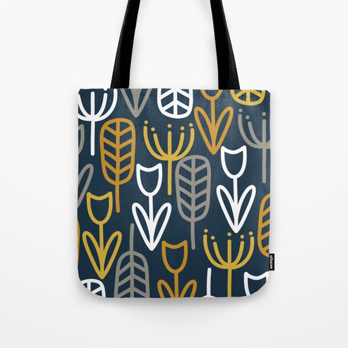 Cheerful Garden Minimalist Pattern in Light Mustard, Dark Mustard, White, Gray, and Navy Blue Tote Bag Gallery Image 1