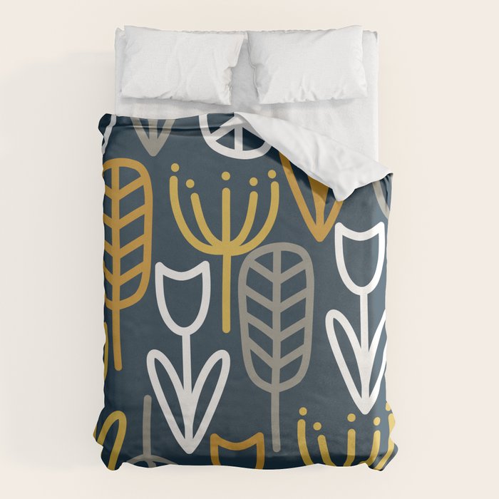 Cheerful Garden Minimalist Pattern in Light Mustard, Dark Mustard, White, Gray, and Navy Blue Duvet Cover Gallery Image 1