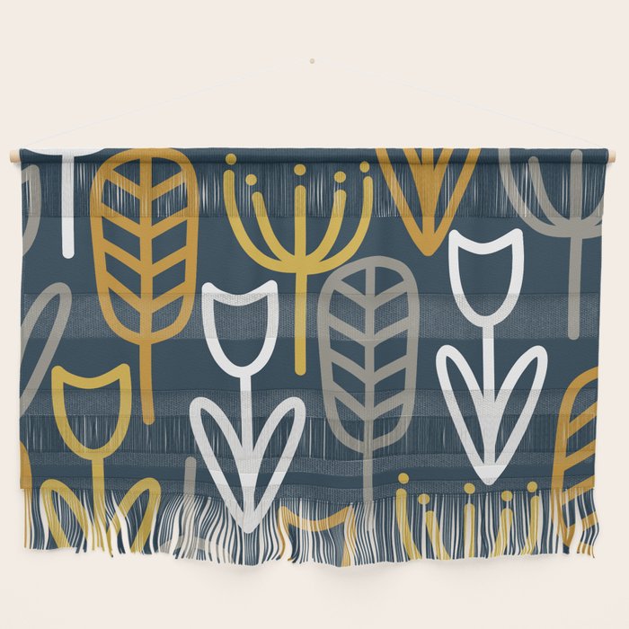 Cheerful Garden Minimalist Pattern in Light Mustard, Dark Mustard, White, Gray, and Navy Blue Wall Hanging Gallery Image 1