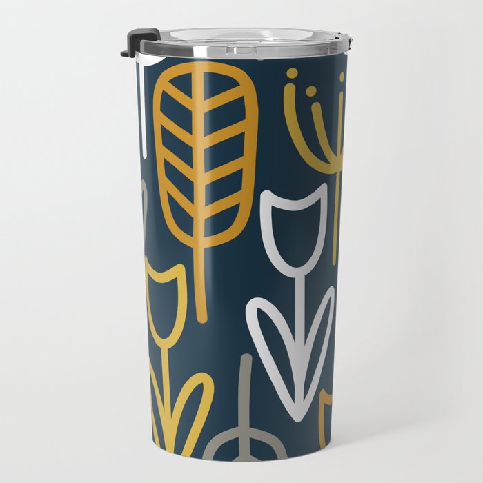 Cheerful Garden Minimalist Pattern in Light Mustard, Dark Mustard, White, Gray, and Navy Blue Travel Mug Gallery Image 3
