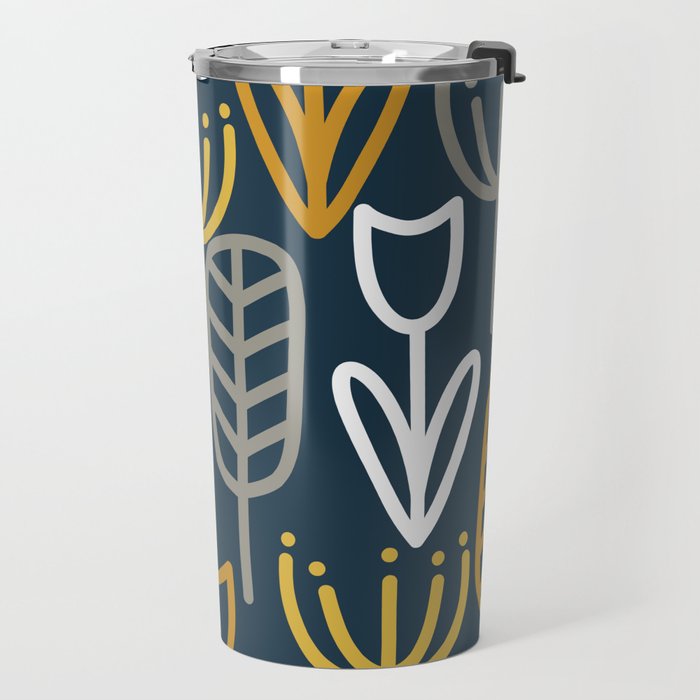 Cheerful Garden Minimalist Pattern in Light Mustard, Dark Mustard, White, Gray, and Navy Blue Travel Mug Gallery Image 2
