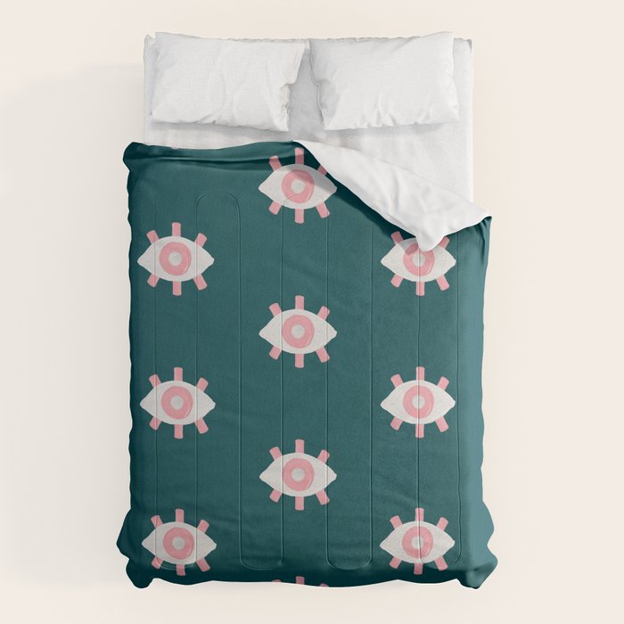 Evil Eye Dots - Teal & Pink Comforter Gallery Image 1