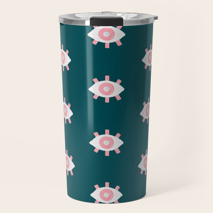Evil Eye Dots - Teal & Pink Travel Mug Gallery Image 1