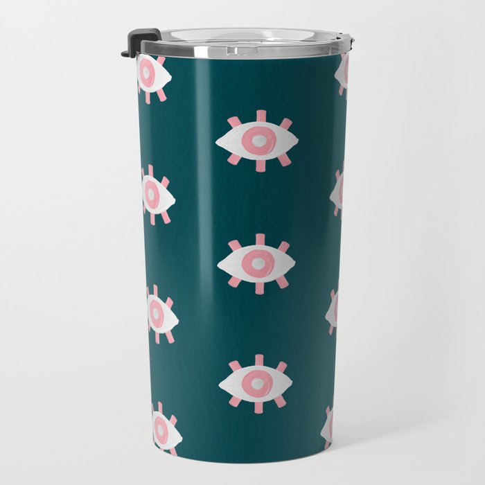 Evil Eye Dots - Teal & Pink Travel Mug Gallery Image 3