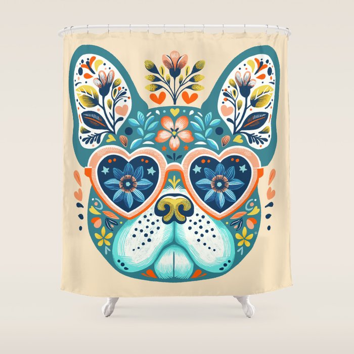 Cute French bulldog and heart shaped sunglasses  Shower Curtain Gallery Image 1