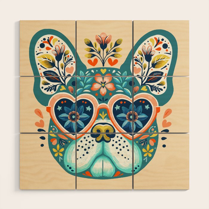 Cute French bulldog and heart shaped sunglasses  Wood Wall Art Gallery Image 1