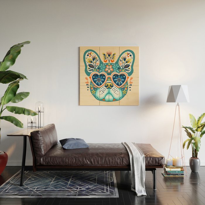 Cute French bulldog and heart shaped sunglasses  Wood Wall Art Gallery Image 2