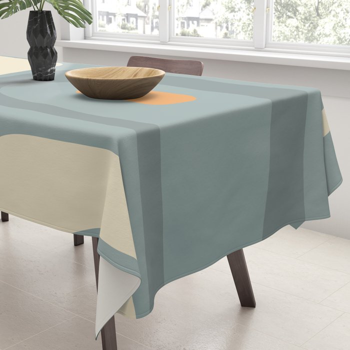 Mid-Century Modern Piquet Minimalist Abstract Pattern Slate Blue Orange Rust Cream Tablecloth Gallery Image 3