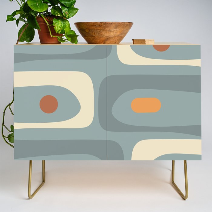 Mid-Century Modern Piquet Minimalist Abstract Pattern Slate Blue Orange Rust Cream Credenza Gallery Image 1