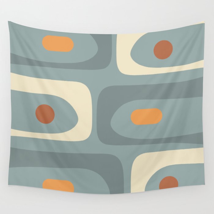 Mid-Century Modern Piquet Minimalist Abstract Pattern Slate Blue Orange Rust Cream Wall Tapestry Gallery Image 4