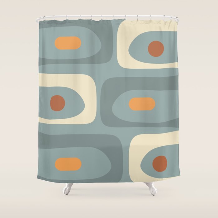 Mid-Century Modern Piquet Minimalist Abstract Pattern Slate Blue Orange Rust Cream Shower Curtain Gallery Image 1