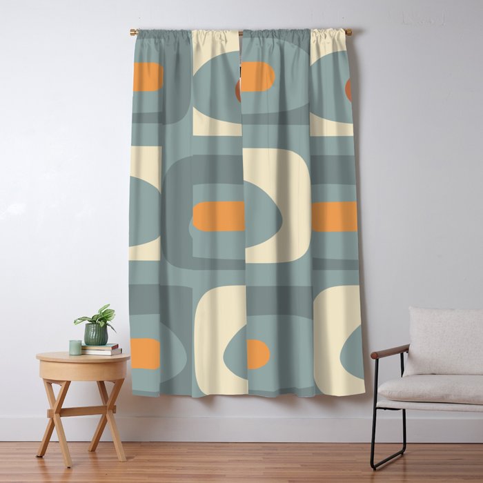 Mid-Century Modern Piquet Minimalist Abstract Pattern Slate Blue Orange Rust Cream Window Curtain Gallery Image 5