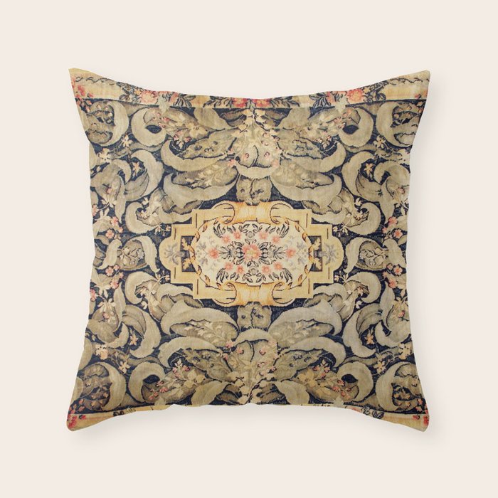 French Aubusson Vintage Floral Rug Print Throw Pillow Gallery Image 1