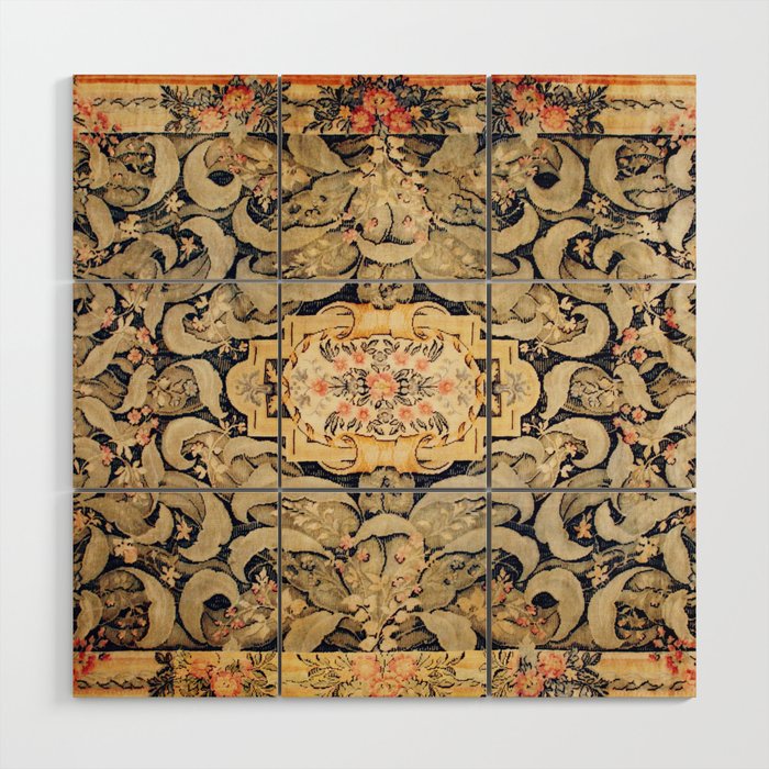 French Aubusson Vintage Floral Rug Print Wood Wall Art Gallery Image 1
