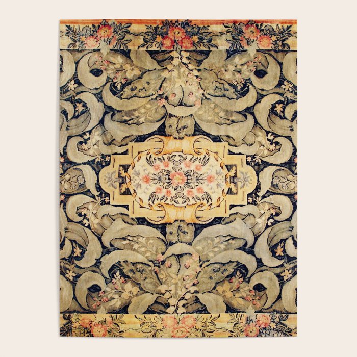 French Aubusson Vintage Floral Rug Print Poster Gallery Image 1