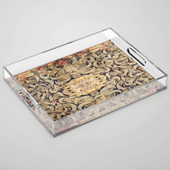 French Aubusson Vintage Floral Rug Print Acrylic Tray Gallery Image 1