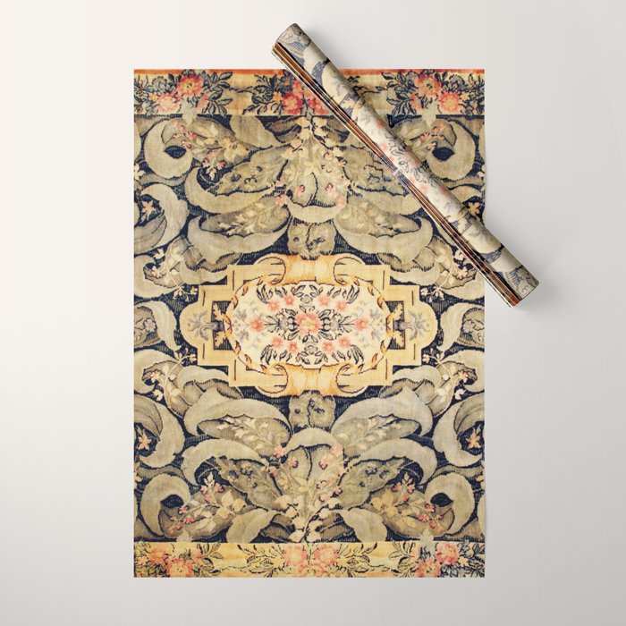 French Aubusson Vintage Floral Rug Print Wrapping Paper Gallery Image 1