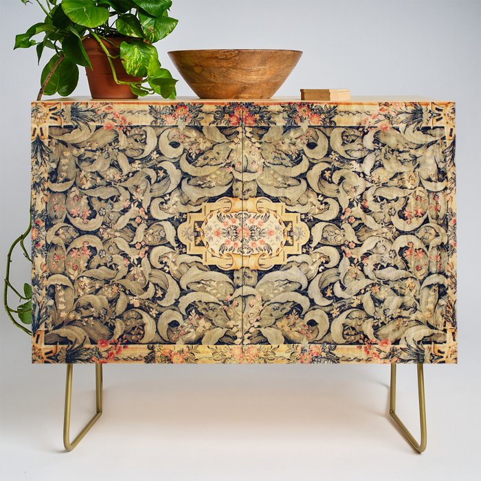 French Aubusson Vintage Floral Rug Print Credenza Gallery Image 1