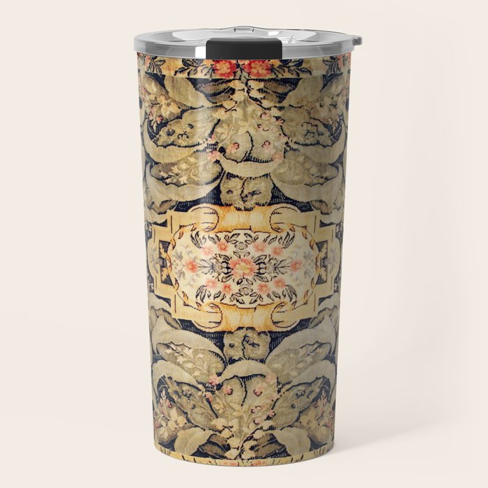 French Aubusson Vintage Floral Rug Print Travel Mug Gallery Image 1