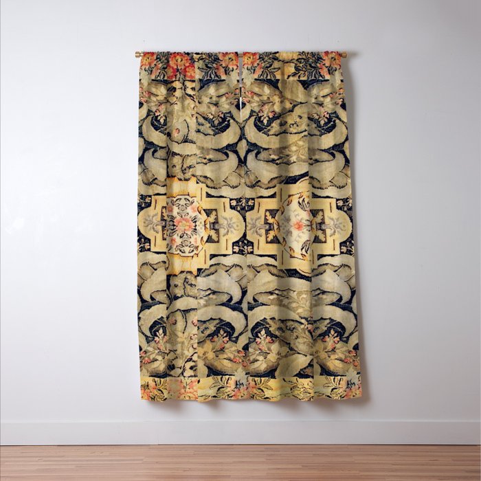 French Aubusson Vintage Floral Rug Print Window Curtain Gallery Image 3