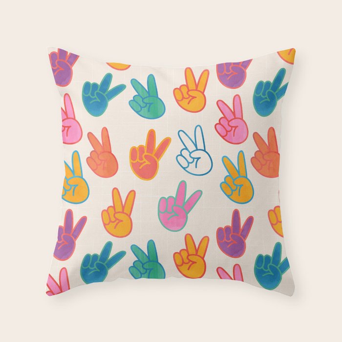 Peace And Victory Hand Sign In Rainbow Colours Pattern Throw Pillow Gallery Image 6