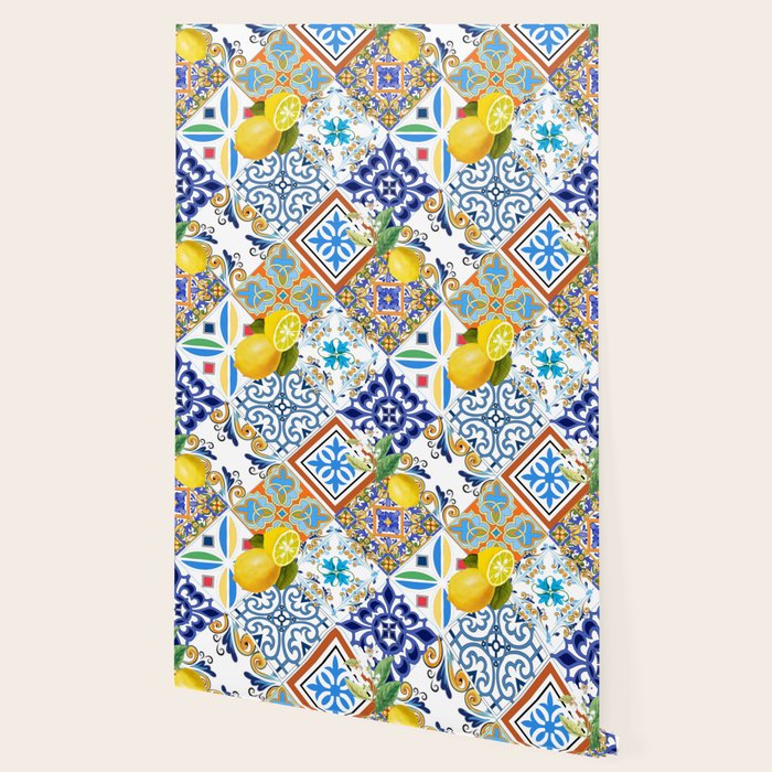 Tiles,mosaic,azulejo,quilt,Portuguese,majolica,lemons,citrus. Wallpaper Gallery Image 2