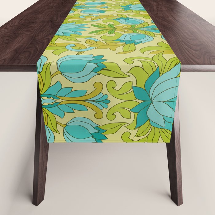Turquoise and Green Leaves 1960s Retro Vintage Pattern Table Runner Gallery Image 1