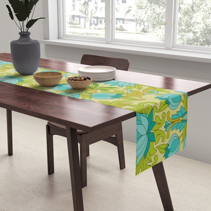 Turquoise and Green Leaves 1960s Retro Vintage Pattern Table Runner Gallery Image 2