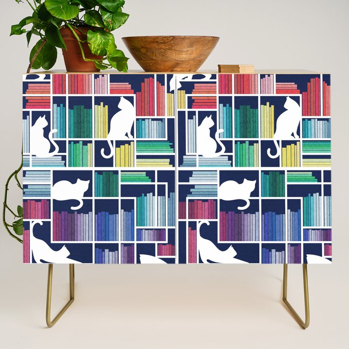 Rainbow bookshelf // navy blue background white shelf and library cats Credenza Gallery Image 1