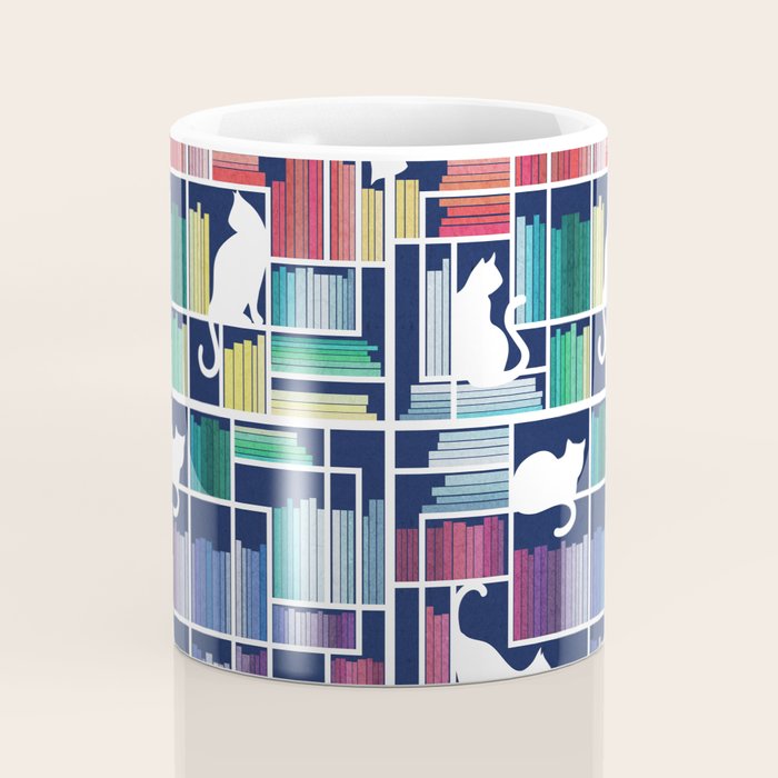 Rainbow bookshelf // navy blue background white shelf and library cats Coffee Mug Gallery Image 4