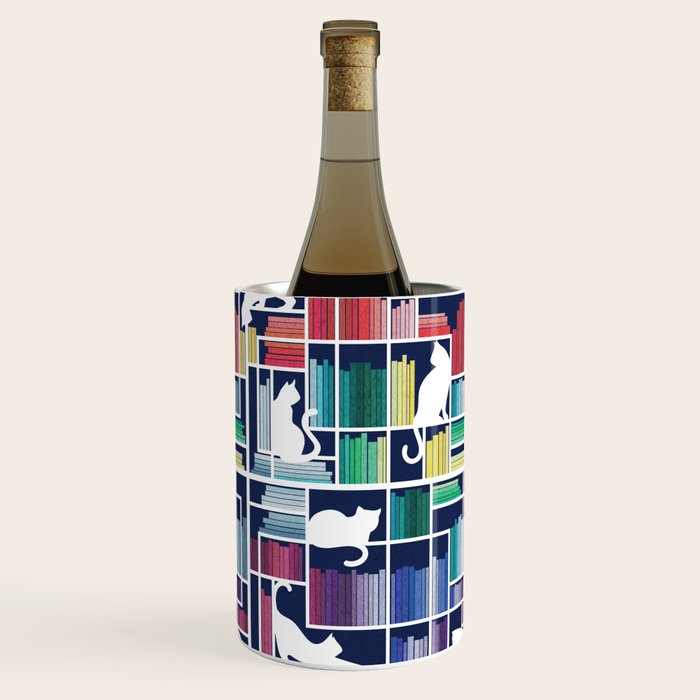 Rainbow bookshelf // navy blue background white shelf and library cats Wine Chiller Gallery Image 2