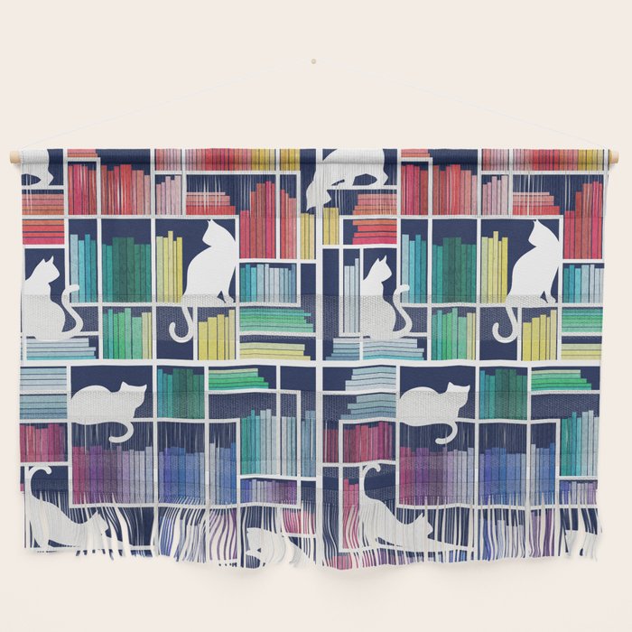 Rainbow bookshelf // navy blue background white shelf and library cats Wall Hanging Gallery Image 1