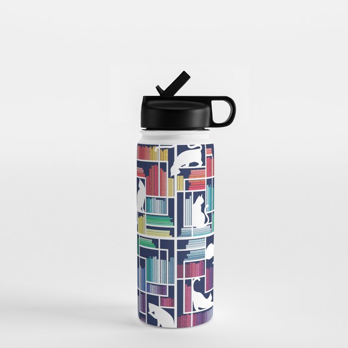 Rainbow bookshelf // navy blue background white shelf and library cats Water Bottle Gallery Image 1