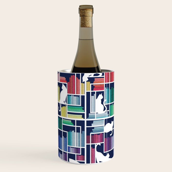 Rainbow bookshelf // navy blue background white shelf and library cats Wine Chiller