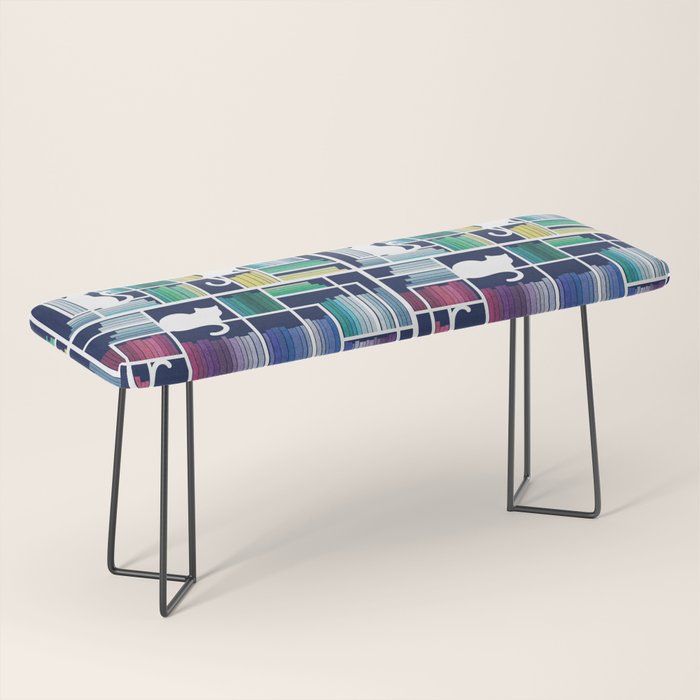 Rainbow bookshelf // navy blue background white shelf and library cats Bench Gallery Image 1