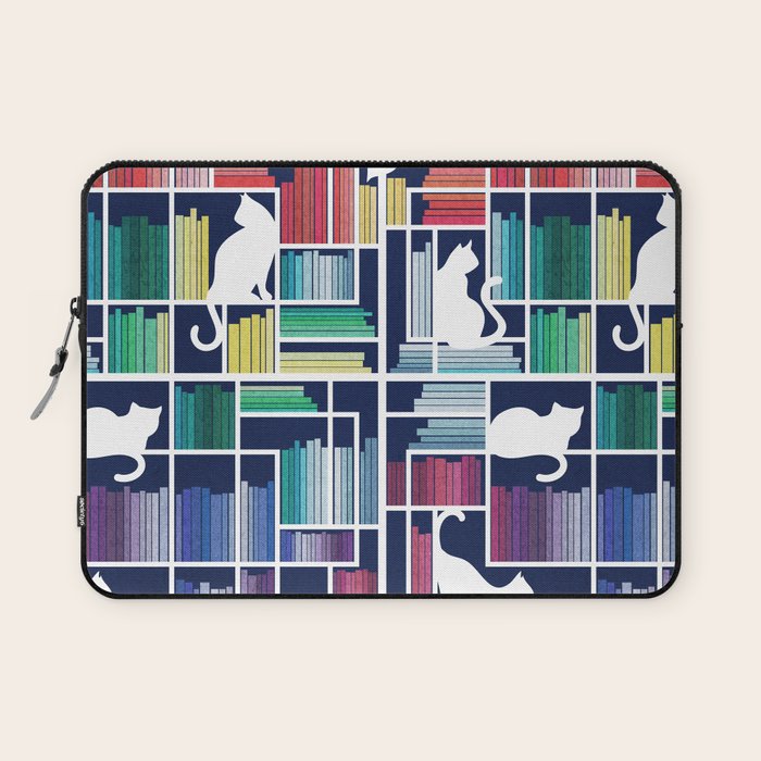 Rainbow bookshelf // navy blue background white shelf and library cats Laptop Sleeve