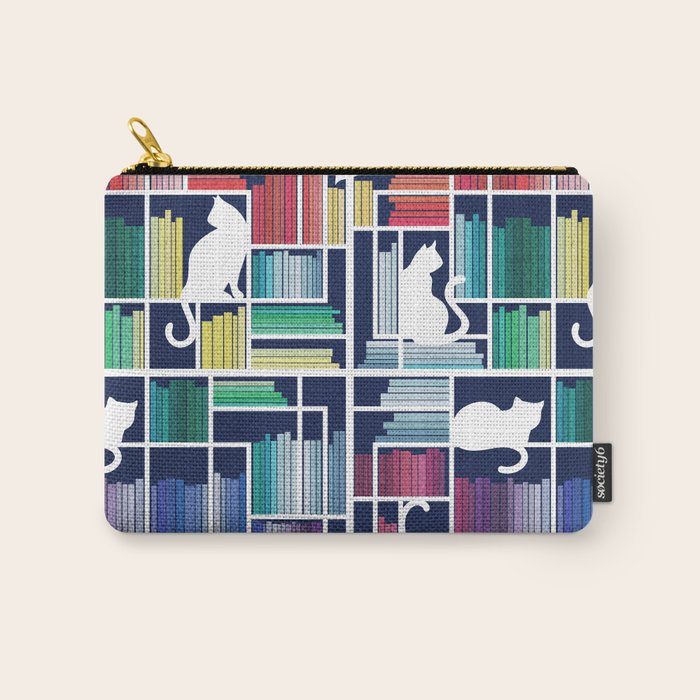 Rainbow bookshelf // navy blue background white shelf and library cats Carry All Pouch Gallery Image 1