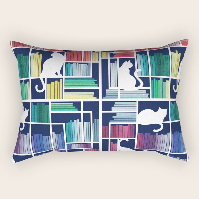 Rainbow bookshelf // navy blue background white shelf and library cats Rectangular Pillow Gallery Image 1