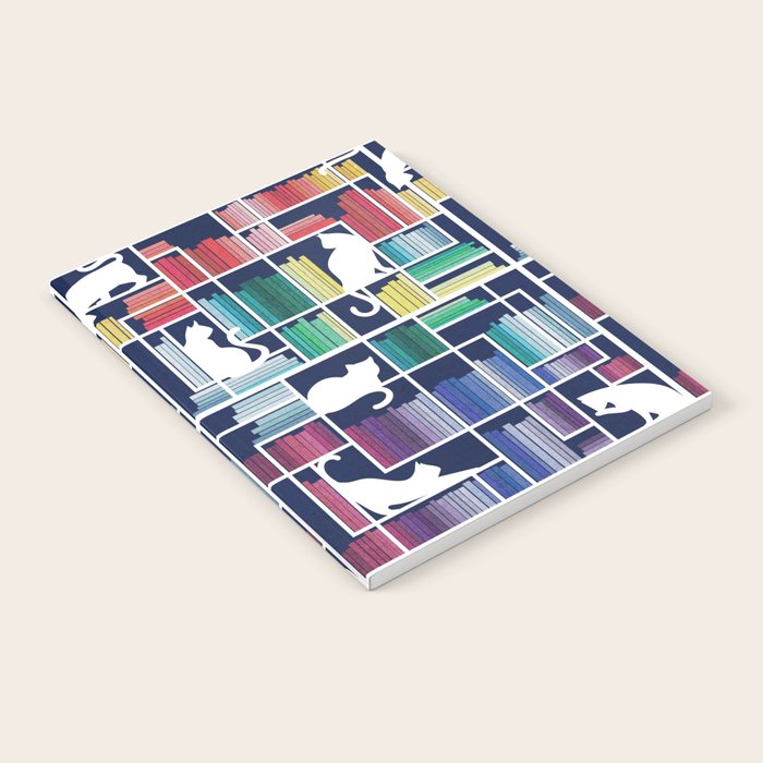 Rainbow bookshelf // navy blue background white shelf and library cats Notebook Gallery Image 2