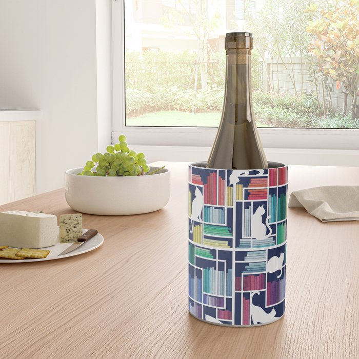 Rainbow bookshelf // navy blue background white shelf and library cats Wine Chiller Gallery Image 4